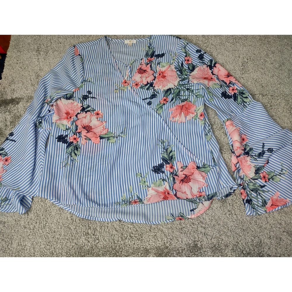 CC womens‎ Wrapped Top Womens Large blue/white striped floral Flute Sleeves Boho